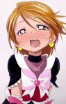  00s 1girl blush brown_eyes brown_hair cure_black earrings eyebrows eyebrows_visible_through_hair female futari_wa_precure heart heart_earrings jewelry looking_at_viewer magical_girl manji_(tenketsu) misumi_nagisa open_mouth precure short_hair sketch solo upper_body 