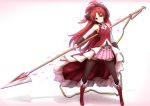  1girl bare_shoulders black_legwear black_ribbon boots breasts brown_eyes chains closed_mouth detached_sleeves full_body hair_ribbon head_tilt holding holding_weapon jam_(jam0601) long_hair long_sleeves looking_at_viewer magical_girl mahou_shoujo_madoka_magica outstretched_arm pink_skirt pleated_skirt polearm ponytail red_boots redhead ribbon sakura_kyouko silhouette skirt small_breasts smile solo soul_gem spear standing thigh-highs very_long_hair weapon zettai_ryouiki 