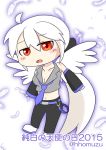  2015 ahoge angel_wings bare_shoulders breasts chibi cleavage comic detached_sleeves headphones highres homuzu large_breasts looking_at_viewer midriff necktie open_mouth ponytail red_eyes silent_comic silver_hair translation_request vocaloid voyakiloid wings yowane_haku 