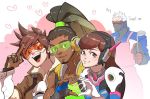  2boys 2girls :d apron bodysuit bomber_jacket brown_eyes brown_gloves brown_hair brown_jacket d.va_(overwatch) dark_skin dark_skinned_male english face_mask fur_trim gloves goggles hairlocs headphones heart heart_hands heart_hands_duo high_ponytail holding jacket ladle leather leather_jacket long_hair long_sleeves looking_at_viewer lucio_(overwatch) mask multiple_boys multiple_girls open_mouth overwatch pauldrons red_gloves ribbed_bodysuit salute scar short_hair shoulder_pads sleeves_rolled_up smile soldier:_76_(overwatch) spiky_hair spoken_heart tracer_(overwatch) vambraces visor vivayashi white_gloves white_hair 