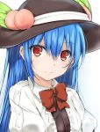  1girl black_hat blue_hair blush bow bowtie buttons food frills fruit hat hinanawi_tenshi leaf long_hair looking_at_viewer peach puffy_sleeves red_bow red_bowtie red_eyes shirt smile solo sweat touhou upper_body very_long_hair white_shirt wing_collar yuhito_(ablbex) 