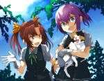  2girls :3 :d ahoge animal animal_ears blouse blue_eyes blue_sky brown_hair buttons cat cat_ears clouds fangs gloves green_ribbon hair_between_eyes hair_ornament hair_ribbon hand_on_hip holding kagerou_(kantai_collection) kantai_collection long_hair multiple_girls neck_ribbon open_hand open_mouth outdoors pink_hair plant pleated_skirt ponytail red_ribbon ribbon school_uniform shiranui_(kantai_collection) short_hair short_ponytail skirt sky smile tail tree twintails umoo_futon vest white_blouse white_gloves yellow_ribbon 