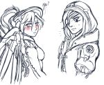  2girls ana_(overwatch) blush braid breasts comic english eyepatch facial_tattoo high_ponytail hood long_hair looking_at_viewer looking_to_the_side mechanical_halo mechanical_wings mercy_(overwatch) monochrome multiple_girls murasaki-yuri old_woman overwatch parted_lips simple_background sketch small_breasts spot_color tattoo upper_body white_background wings 