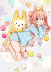 1girl :o animal_ears blue_eyes blush fly_333 hand_on_own_face long_hair original pink_hair rabbit_ears slippers solo stuffed_animal stuffed_bunny stuffed_toy thigh-highs twintails 