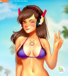  1girl ;) artist_name bangs bare_shoulders bikini bikini_top blue_bikini blue_sky breasts breasts_apart brown_eyes brown_hair bunny_print chest_tattoo closed_mouth clouds cloudy_sky d.va_(overwatch) day didi_esmeralda facepaint facial_mark headphones headset large_breasts lips long_hair looking_at_viewer navel one_eye_closed overwatch palm_tree patreon sky smile solo string_bikini swimsuit tattoo tree upper_body v watermark web_address whisker_markings 