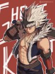  1boy dungeon_and_fighter from_above holding holding_weapon jewelry looking_at_viewer muscle navel necklace open_clothes open_vest red_background red_eyes shaded_face shirtless slayer_(dungeon_and_fighter) solo spiky_hair twitter_username vest weapon white_hair 