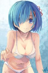  1girl alternate_costume bare_shoulders bikini blue_eyes blue_hair breasts cleavage eyebrows eyes_visible_through_hair hair_ornament hair_over_one_eye looking_at_viewer medium_breasts re:zero_kara_hajimeru_isekai_seikatsu rem_(re:zero) short_hair solo swimsuit white_bikini white_swimsuit x_hair_ornament yanagi_wakana 