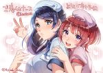  2girls :d blue_eyes blush character_request hat heart ikezaki_misa long_hair multiple_girls nurse nurse_cap open_mouth parted_lips purple_hair redhead short_hair short_sleeves smile translation_request twitter_username v violet_eyes 