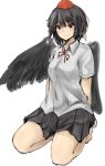  1girl arms_behind_back bare_legs barefoot black_hair black_wings blush collared_shirt full_body hat kneeling looking_at_viewer netamaru pom_pom_(clothes) red_eyes ribbon shameimaru_aya shirt short_hair short_sleeves simple_background skirt smile solo tokin_hat touhou white_background wings 