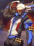  1boy assault_rifle belt_pouch explosive face_mask gloves grenade gun highres jacket lvlv male_focus mask overwatch rifle scar scar_across_eye short_hair soldier:_76_(overwatch) solo visor weapon 