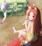  1girl animal_ears artist_request bare_shoulders dress eating flip-flops food fox_ears fox_tail fruit long_hair looking_back matching_hair/eyes orange_eyes orange_hair original sandals sitting solo tail watermelon wind_chime 