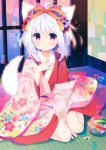  1girl absurdres ahoge animal_ears ball between_legs blush bow chestnut_mouth collarbone colored_eyelashes floral_print flower fox_ears fox_tail furisode hair_bow hair_ribbon hand_between_legs hand_on_own_chest highres japanese_clothes kimono looking_at_viewer off_shoulder on_floor open_mouth orange_ribbon original red_eyes ribbon riichu santa_matsuri scan solo tail tatami white_hair 