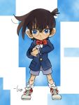  1boy bow bowtie brown_hair buttons child commentary edogawa_conan full_body glasses jacket looking_at_viewer male_focus meitantei_conan red_bow red_bowtie shoes short_hair shorts signature sneakers solo takeuchi_kou watch watch white_legwear 