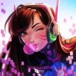  1girl ;) asymmetrical_bangs bangs brown_eyes brown_hair bubble_blowing bubblegum d.va_(overwatch) facial_mark headphones lips long_hair looking_at_viewer nose olga_solovian one_eye_closed overwatch pixelated smile solo whisker_markings 