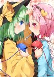  2girls black_hat blue_eyes blush bow clown_222 face-to-face fever frilled_shirt_collar frilled_sleeves frills from_side green_hair hand_to_forehead hat hat_bow komeiji_koishi komeiji_satori long_sleeves multiple_girls pink_eyes pink_hair profile siblings sick sisters smile thermometer third_eye touhou upper_body wide_sleeves yellow_bow 