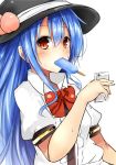  1girl black_hat blue_hair blush bow bowtie cellphone food food_in_mouth frills fruit hat highres hinanawi_tenshi long_hair looking_at_viewer peach phone popsicle puffy_short_sleeves puffy_sleeves red_bow red_bowtie red_eyes shirt short_sleeves smartphone solo sweat touhou upper_body very_long_hair white_shirt wing_collar yuhito_(ablbex) 