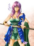  1girl angry belt bracer breasts cleavage coat dress faris_scherwiz final_fantasy final_fantasy_v green_eyes headband highres large_breasts long_hair looking_at_viewer off_shoulder purple_hair rioreo scabbard sheath short_dress solo sweat sword translation_request unsheathing weapon 