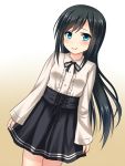  1girl alternate_costume asashio_(kantai_collection) black_hair black_legwear blue_eyes commentary_request dress gradient gradient_background hanazome_dotera kantai_collection light_smile long_hair long_sleeves looking_at_viewer neck_ribbon pinafore_dress pleated_skirt ribbon simple_background skirt solo virgin_killer_outfit 
