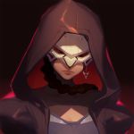  1girl armor ask_(askzy) braid coat collarbone face_mask genderswap genderswap_(mtf) gradient gradient_background hood hooded_jacket jacket jewelry lips lipstick long_braid makeup mask overwatch reaper_(overwatch) single_braid single_earring skull_mask solo trench_coat upper_body 