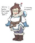  &gt;_&lt; 1girl boots breasts brown_hair chibi closed_eyes coat english female flat_color full_body gebyy-terar glasses hair_ornament hair_stick large_breasts mei_(overwatch) overwatch pout robot short_hair simple_background snowball_(overwatch) solo thick_thighs thighs weight_conscious white_background wide_hips winter_clothes 