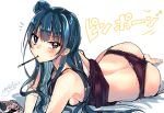  1girl artist_name ass bare_shoulders blue_hair blush breasts frilled_panties frills full_body hair_bun highres long_hair looking_at_viewer love_live! love_live!_sunshine!! lying mouth_hold on_side panties pocky shinonome_neko-tarou sideboob simple_background sketch solo sweat tank_top translation_request tsushima_yoshiko underwear violet_eyes white_background 