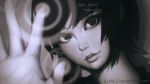  1girl artist_name bangs black_eyes black_hair closed_mouth greyscale guweiz hands head_tilt highres lips looking_at_viewer monochrome nose original ripples science_fiction short_hair solo upper_body wallpaper watermark web_address 
