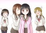  4girls alternate_hairstyle anger_vein black_hair blush brown_hair closed_eyes gradient gradient_background hanawa_kaoru hime_cut light_brown_hair long_hair low_twintails multiple_girls nervous o_o okazaki_norie open_mouth pantyhose sakurada_maon sawatari_fuu school_uniform scrunchie serafuku short_hair simple_background smelling smile tamayura trembling twintails yuraku_(mhmu3425) yuri 