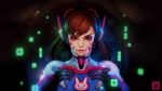  1girl armor artist_name bangs bodysuit brown_eyes brown_hair bunny_print closed_mouth cube d.va_(overwatch) eyelashes facepaint facial_mark headphones high_collar highres hologram lips long_hair looking_at_viewer overwatch pauldrons phungdinhdung pilot_suit pink_lips ribbed_bodysuit shoulder_pads solo turtleneck upper_body whisker_markings 