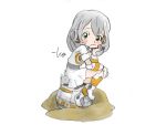  1girl :| bb-8 blush chin_rest commentary dress green_eyes grey_hair hand_on_own_knee long_hair looking_at_viewer personification sand signature simple_background sitting solo star_wars star_wars:_the_force_awakens takeuchi_kou white_background white_dress 
