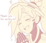  1girl bangs blonde_hair blush bodysuit closed_eyes comic english face fingers_together heart long_hair mechanical_halo mercy_(overwatch) monochrome open_mouth overwatch ponytail sally_(luna-arts) smile solo sparkle spoken_heart wings 