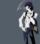  1boy adam&#039;s_apple androgynous armpit_holster belt blue_background blue_eyes blue_hair cigarette citrus102 flat_color gloves gradient hand_on_hip holster jacket jitome looking_away lupin_iii male_focus oscar_(lupin) profile simple_background smoke smoking solo wavy_hair 
