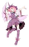  1girl arm_garter bird_ears boots full_body hat knee_boots kuroneko_no_toorimichi mob_cap mystia_lorelei one_eye_closed open_mouth outstretched_arm outstretched_hand pink_eyes pink_hair smile solo touhou white_background 