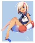  1girl :d alternate_hair_length alternate_hairstyle artist_name bare_arms bare_legs barefoot blue_background blue_eyes blush commentary_request feet flower full_body hair_flower hair_ornament happy kantai_collection koruta_(nekoimo) legs lifebuoy looking_at_viewer open_mouth outside_border platinum_blonde ro-500_(kantai_collection) shoe_dangle shoes_removed short_hair simple_background single_shoe smile solo swimsuit swimsuit_under_clothes tan tanline toes 