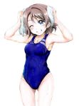  1girl blue_eyes blush breasts brown_hair competition_swimsuit covered_navel grin looking_at_viewer love_live! love_live!_sunshine!! minami074 one-piece_swimsuit short_hair smile solo standing swimsuit towel watanabe_you wet wet_clothes wet_swimsuit 