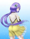  1girl ass blush breasts dress flower from_behind hair_flower hair_ornament large_breasts long_hair long_sleeves looking_at_viewer looking_back lute open_mouth parted_lips purple_hair shirt solo touhou tsukumo_benben twintails very_long_hair violet_eyes yellow_dress 