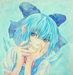  1girl acrylic_paint_(medium) blue_background blue_eyes blue_hair bow bowtie cirno graphite_(medium) hair_bow hands_on_own_cheeks hands_on_own_face head_tilt ice ice_wings light_smile lips looking_at_viewer pose short_hair solo touhou traditional_media upper_body watercolor_(medium) wings yuyu_(00365676) 