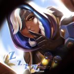  1girl ana_(overwatch) artist_name blue_sky braid brown_eyes dark_skin eyelashes eyepatch face facial_mark facial_tattoo finger_to_mouth gameplay_mechanics headband hijab hood lips looking_at_viewer old_woman olga_solovian overwatch palm_tree pov shushing sky solo sunlight tattoo tree watermark web_address white_hair zzz 