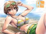  1girl amania_orz artist_name beach bikini bikini_top blush breasts brown_eyes brown_hair character_name cleavage closed_mouth clouds coast collarbone dated glasses glasses_on_head large_breasts looking_at_viewer lying navel ocean on_back outdoors persona persona_4 sand satonaka_chie short_hair shorts sky solo sunglasses swimsuit water yellow-framed_eyewear 