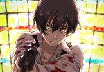  1boy 91_days aiming_at_viewer avilio_bruno black_hair blood blood_on_face bloody_clothes glint gun handgun holding holding_gun holding_weapon light_frown looking_at_viewer male_focus shelty short_hair solo stained_glass upper_body weapon yellow_eyes 