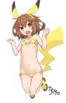  1girl :o animal_ears bikini brown_eyes brown_hair clenched_hands fake_animal_ears fang flat_chest front-tie_bikini front-tie_top full_body goekawa hair_ornament hairband hairclip ikazuchi_(kantai_collection) kantai_collection navel open_mouth pikachu pikachu_(cosplay) pokemon shoes side-tie_bikini simple_background sneakers solo swimsuit tail twitter_username white_background yellow_bikini 