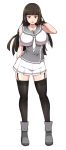  1girl black_legwear breasts brown_hair curvy female garter_straps hand_behind_head hime_cut huge_breasts long_hair looking_at_viewer miniskirt original red_eyes school_uniform shirt shoes simple_background skirt solo standing thigh-highs white_background willyway 
