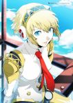  1girl aegis aegis_(persona) blonde_hair breasts hair_ornament looking_at_viewer persona persona_3 robot short_hair sitting smile solo translated 