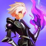  1boy armor black_gloves blue_background fire gloves glowing glowing_eye gradient gradient_background ilya_kuvshinov looking_at_viewer male_focus odin_sphere oswald red_eyes solo spiky_hair upper_body white_hair 