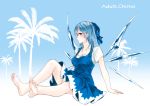  1girl absurdres arm_support barefoot blue_bow blue_dress blue_hair blush bow breasts character_name cirno cleavage collarbone dress feet from_side full_body green_eyes hair_bow highres ice ice_wings looking_at_viewer medium_breasts nagata_nagato older profile short_sleeves smile soles solo toes touhou wings 