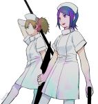  2girls :d arm_at_side arm_up arms_at_sides bangs breasts brown_eyes brown_hair closed_mouth frown gun harunathunder_(neruneruzzz) hat holding holding_gun holding_weapon kitora_ai kuroe_futaba legs_apart multiple_girls nurse nurse_cap open_mouth pantyhose parted_bangs polearm profile purple_hair short_hair short_sleeves simple_background small_breasts smile violet_eyes weapon white_background white_legwear world_trigger 