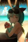  1girl ahoge beach black_bikini_top blurry breasts chin_rest depth_of_field drink drinking drinking_straw flower from_side glasses green_hair hair_between_eyes hair_ribbon hairband hibiscus highres looking_at_viewer original pabo ribbon solo sunglasses sunglasses_on_head water 