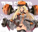  1girl adapted_costume anchor arm_up bangs bare_shoulders between_breasts between_legs bismarck_(kantai_collection) black_panties blonde_hair blue_eyes blush breasts broom broom_riding brown_gloves character_name cleavage closed_mouth collarbone commentary_request cowboy_shot detached_sleeves eyebrows eyebrows_visible_through_hair gloves hair_between_eyes halloween hand_on_headwear hat holding jack-o&#039;-lantern kantai_collection large_breasts long_hair looking_at_viewer military military_uniform navel orange_ribbon panties peaked_cap ribbon rigging sidelocks sleeve_cuffs smile solo stomach striped striped_background suzuki_toto thigh-highs twitter_username underwear uniform 