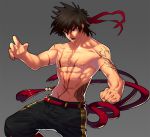  1boy brown_hair clenched_hand dungeon_and_fighter fighter_(dungeon_and_fighter) fighting_stance grey_background headband lvlv male_fighter_(dungeon_and_fighter) male_focus muscle nipples open_mouth scar shirtless solo striker_(dungeon_and_fighter) topless 