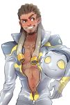  1boy blush brown_eyes cowboy_shot dark_skin dark_skinned_male eyebrows grin hair_down hairlocs headwear_removed helmet helmet_removed jumpsuit looking_to_the_side lucio_(overwatch) male_focus overwatch simple_background smile solo sweat thick_eyebrows unzipped vivayashi white_background 