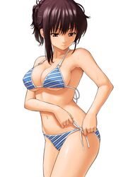  1girl absurdres adjusting_clothes adjusting_swimsuit bikini bikini_no_housoku black_hair breasts brown_eyes cleavage copyright_request cowboy_shot diagonal_stripes highres homunculus_(artist) large_breasts navel o-ring_bikini o-ring_top shinonome_shizuka short_ponytail side-tie_bikini simple_background solo strap_gap string_bikini striped striped_bikini sweat swimsuit tying white_background 